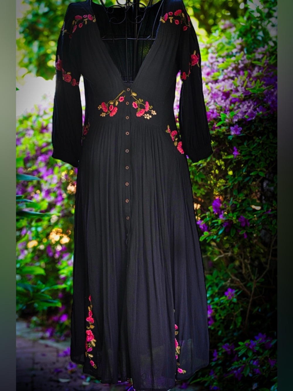 Free People Day Glow Embroidered Midi Dress - Black/Pink - Size Small